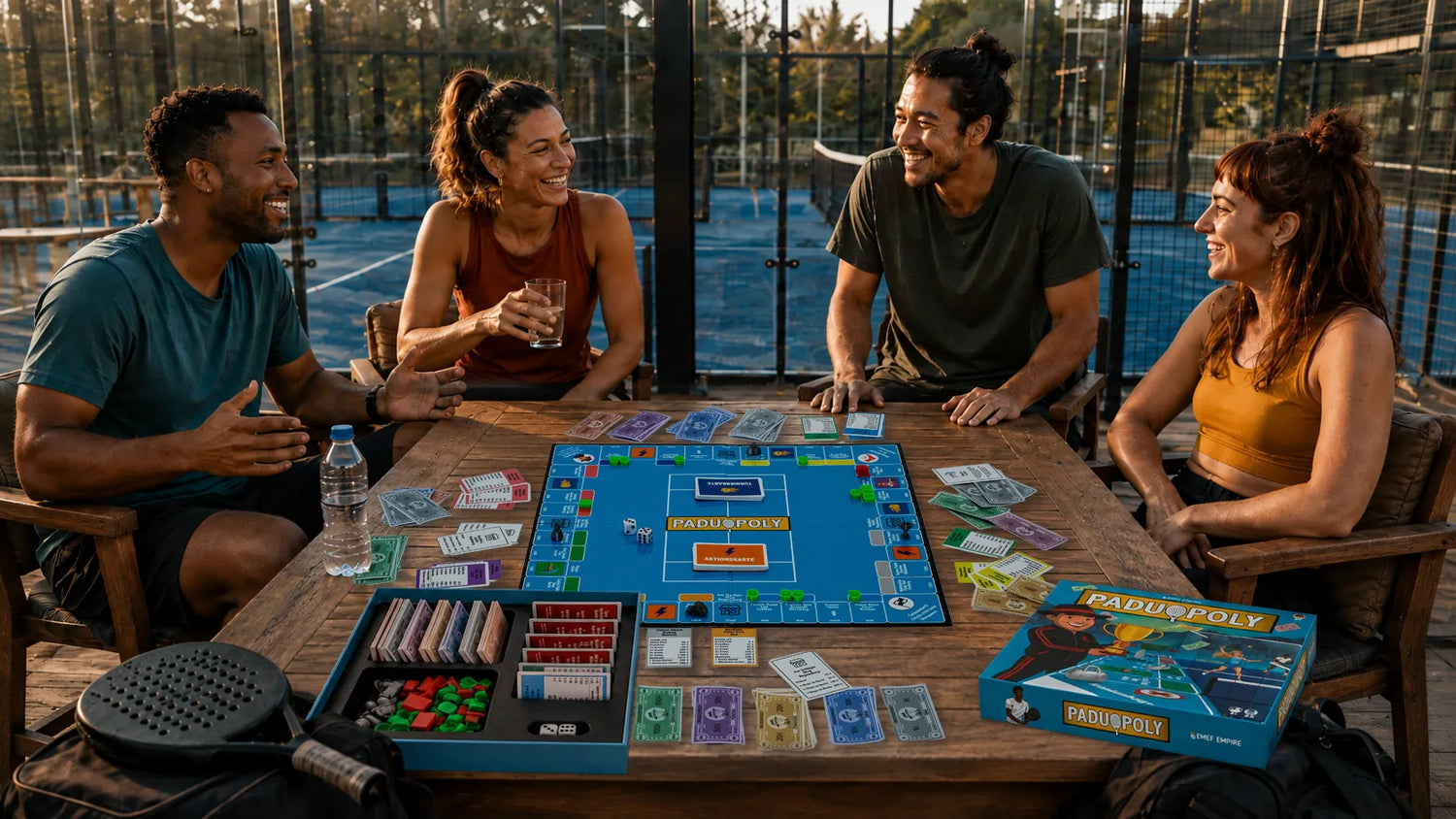 Vier Freunde spielen Paduopoly an einem Holztisch auf der Terrasse einer Padelanlage im Abendlicht