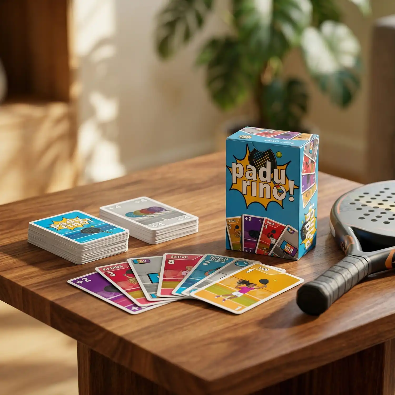 Padurino Karten und Verpackung liegen auf einem Holztisch neben einem Padel Schläger.