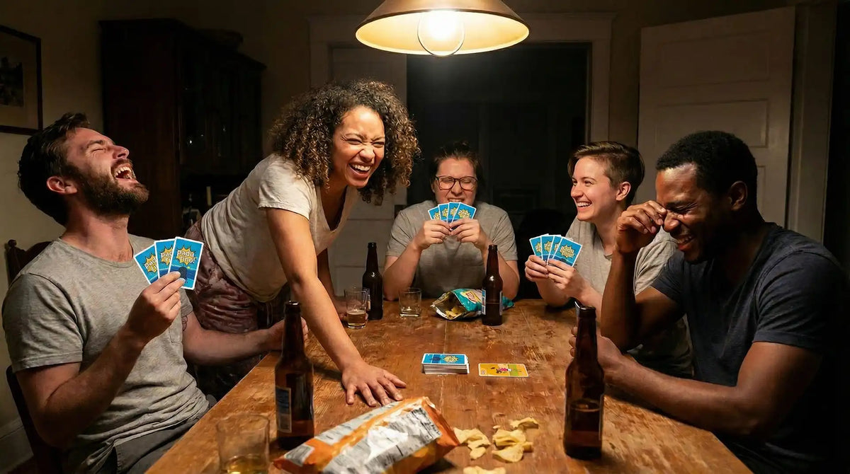Freunde lachen und spielen das Spiel Padurino bei einem Spieleabend