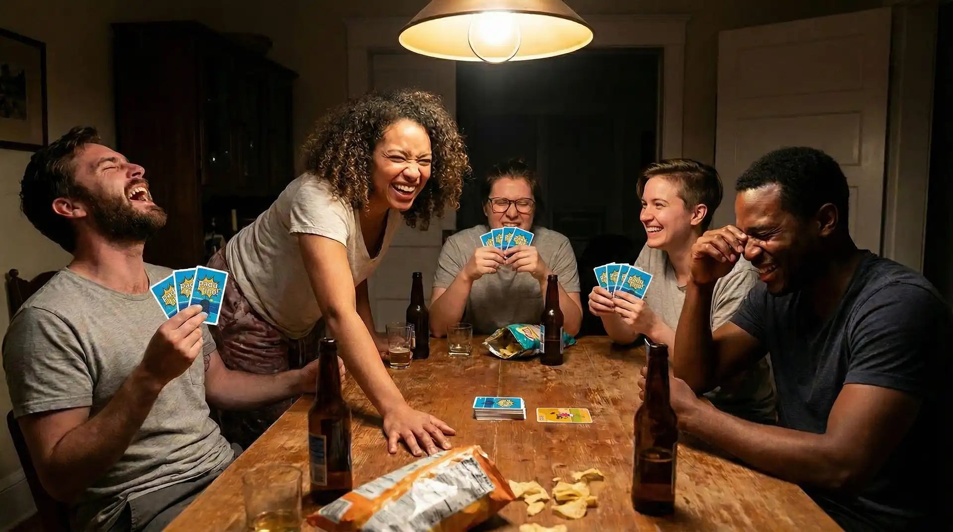 Freunde lachen und spielen das Spiel Padurino bei einem Spieleabend
