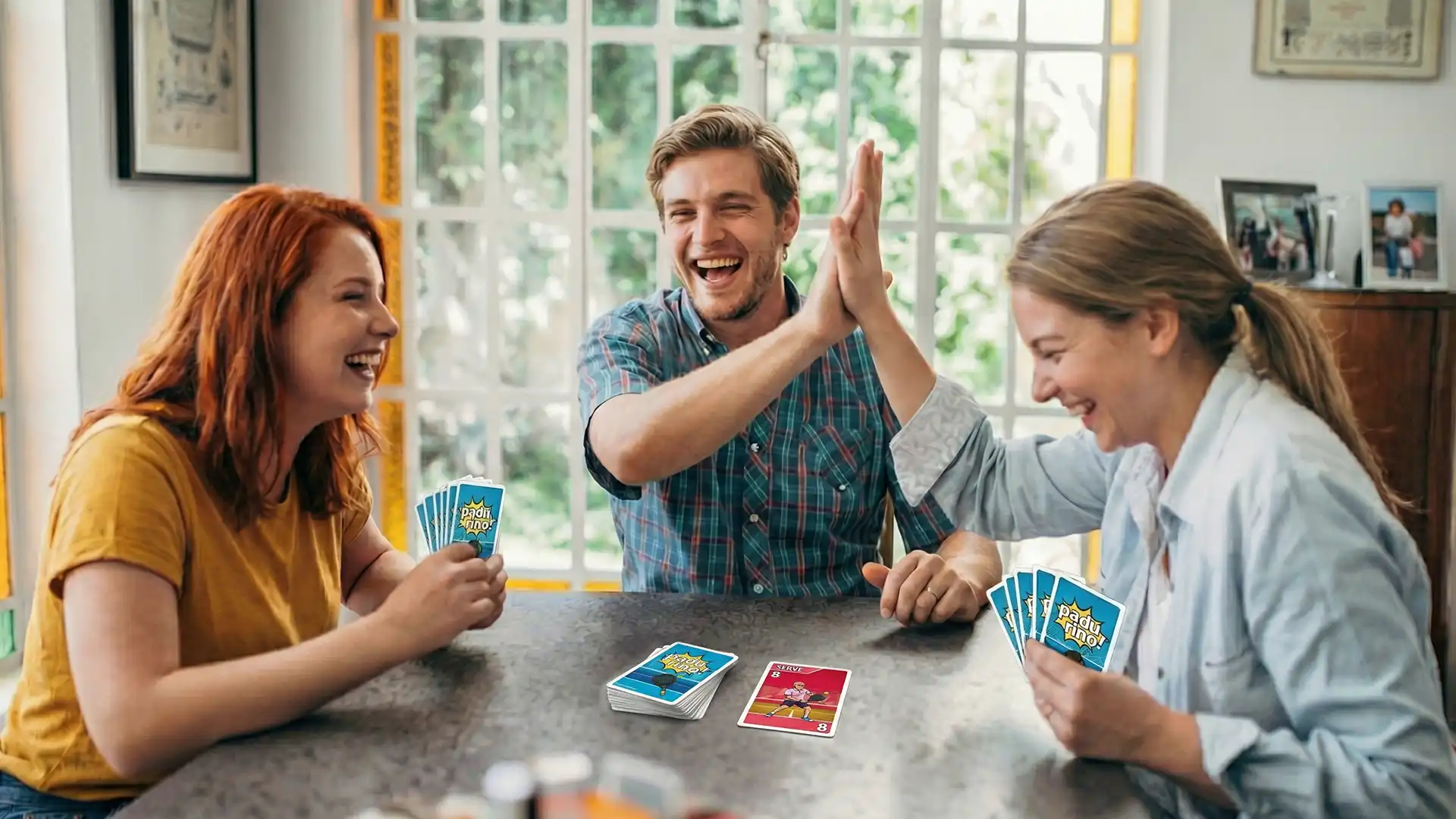 Freunde spielen das Kartenspiel Padurino am Esstisch und lachen.