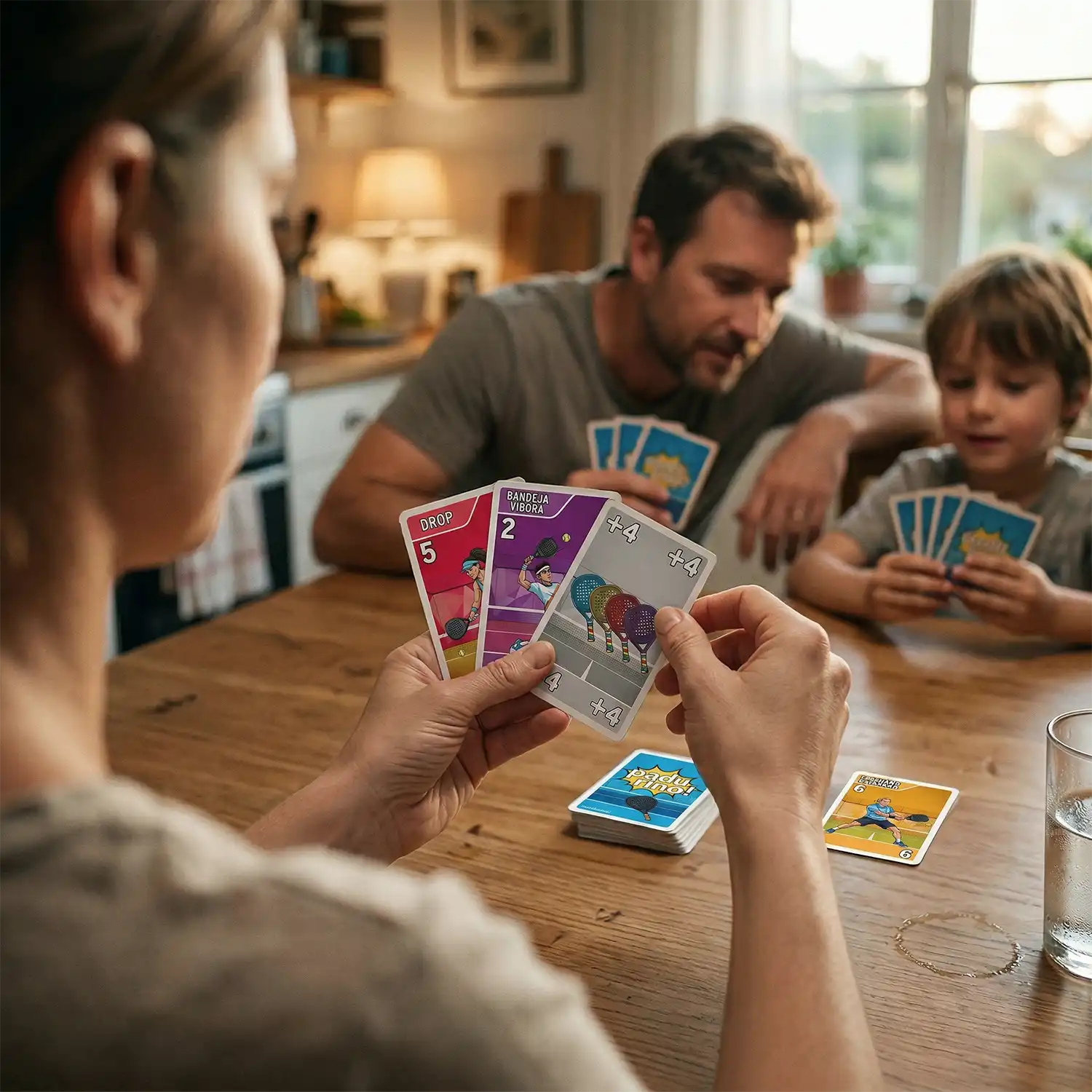 Mutter spielt mit Vater und Sohn das Kartenspiel Padurino am Esstisch.