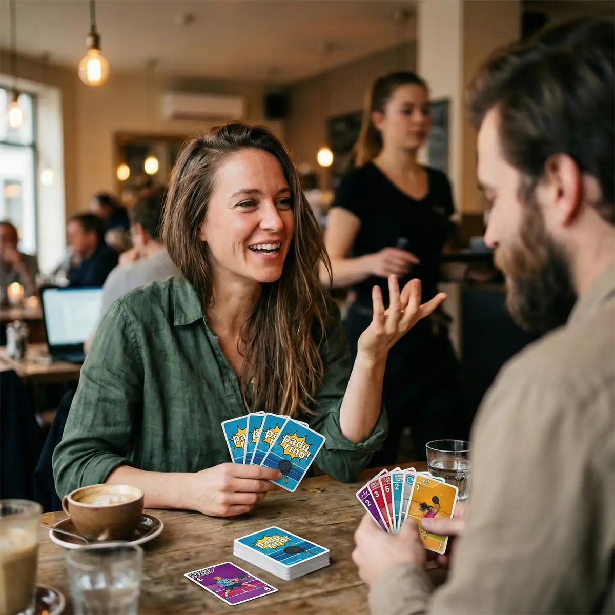 Pärchen spielt in einem Cafe das Kartenspiel Padurino.