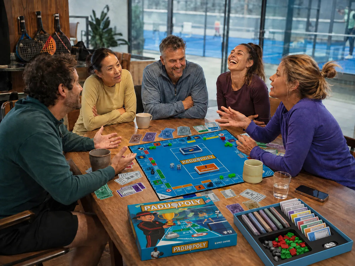 Fünf Erwachsene spielen lachend Paduopoly in einer Padel-Clublounge mit Blick auf den Court