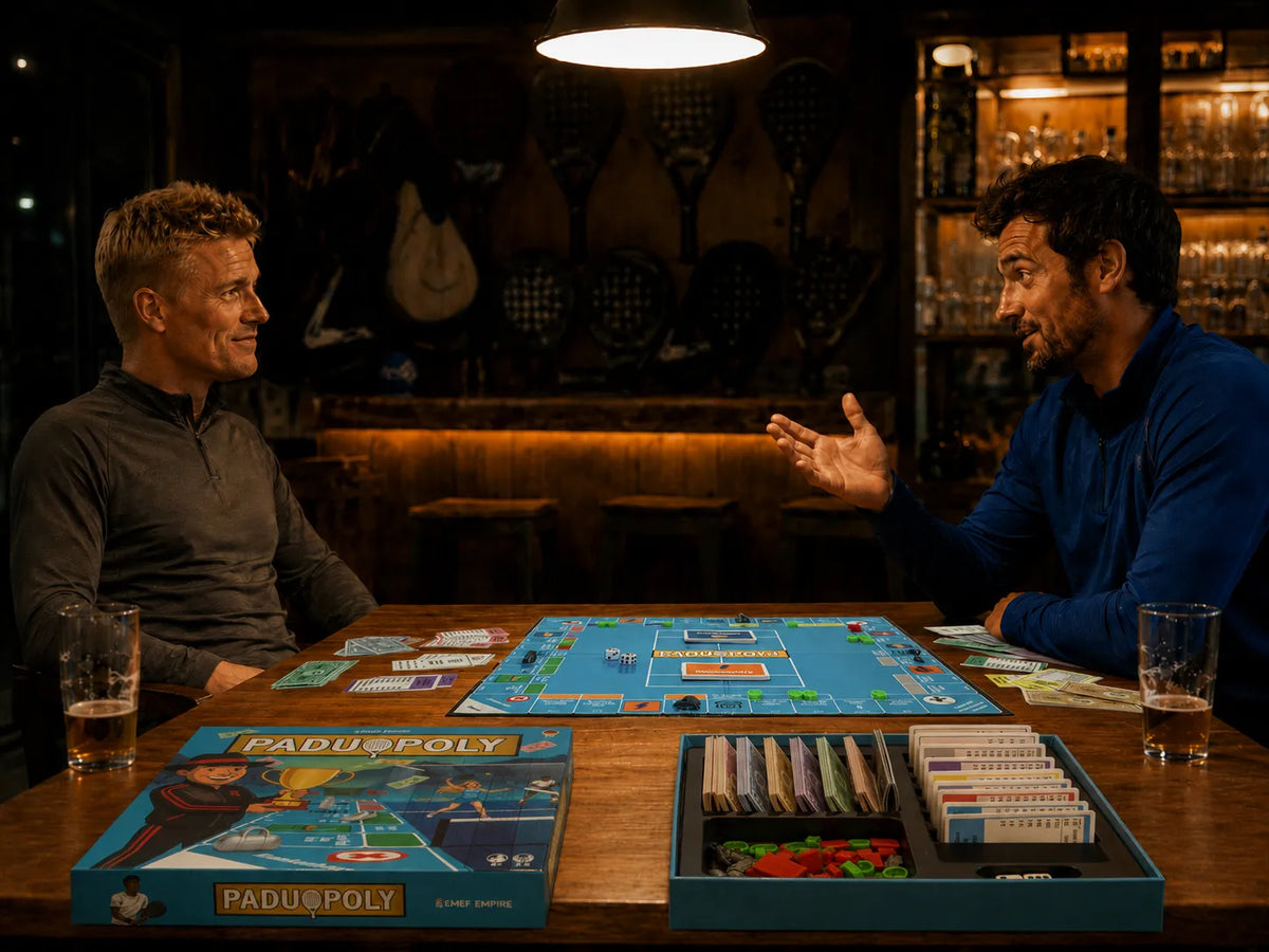 Zwei Männer spielen Paduopoly an einem Tisch in einer Padel-Clubhausbar, im Hintergrund Padelschläger an der Wand