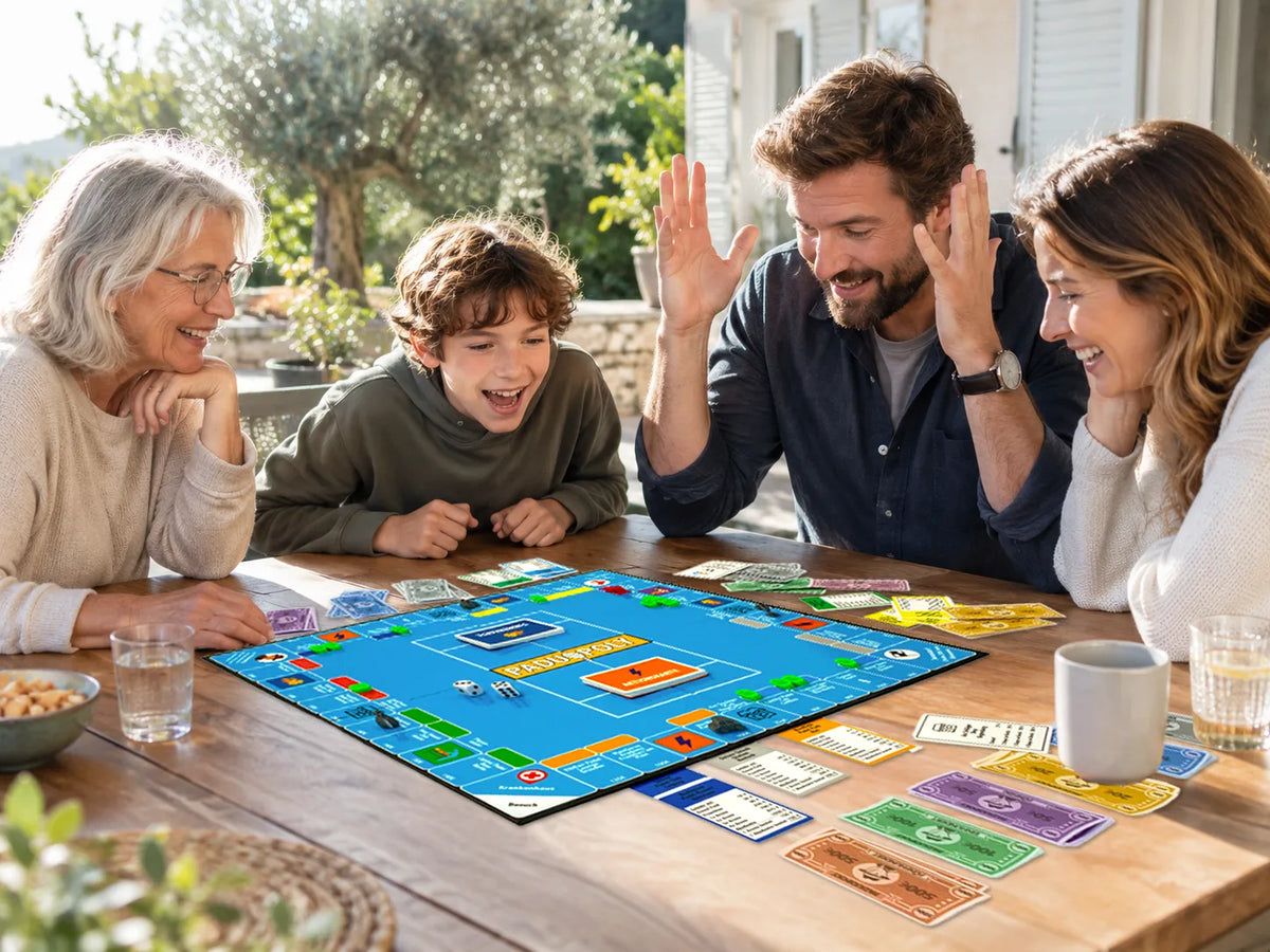 Familie mit Kind und Großmutter spielt Paduopoly an einem Gartentisch in der Sonne