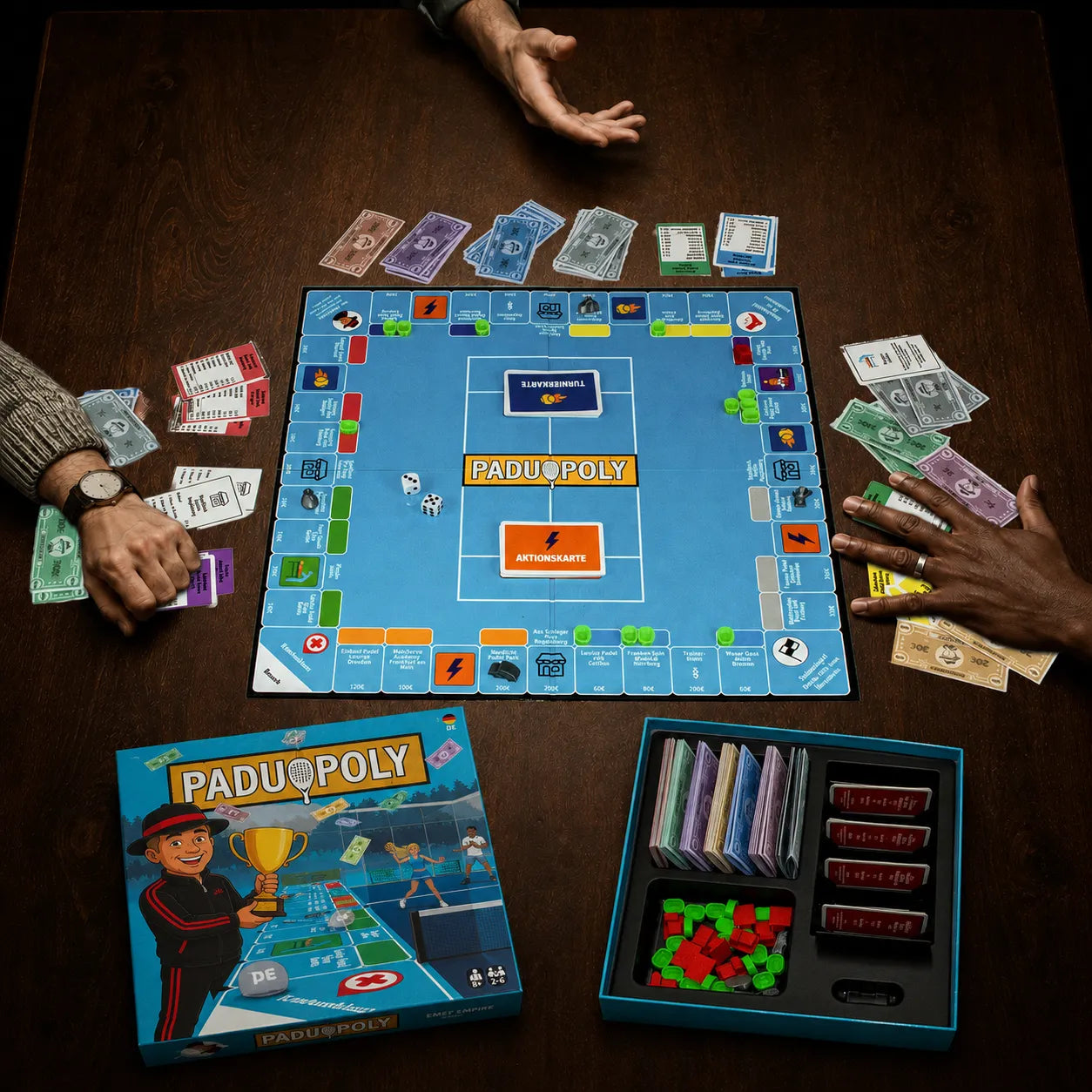 Paduopoly Spielbrett von oben mit Spielgeld, Karten und Würfeln, drei Spieler greifen ins Spielgeschehen
