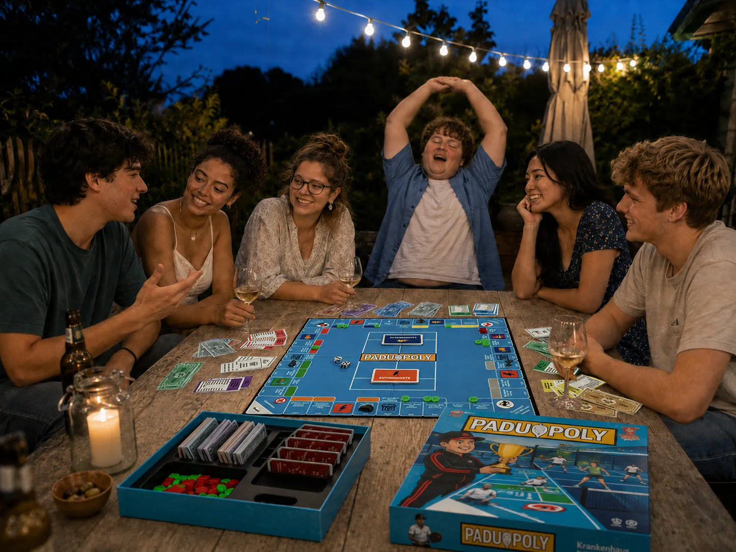 Sechs Freunde spielen Paduopoly abends an einem Gartentisch unter Lichterketten, ein Spieler jubelt