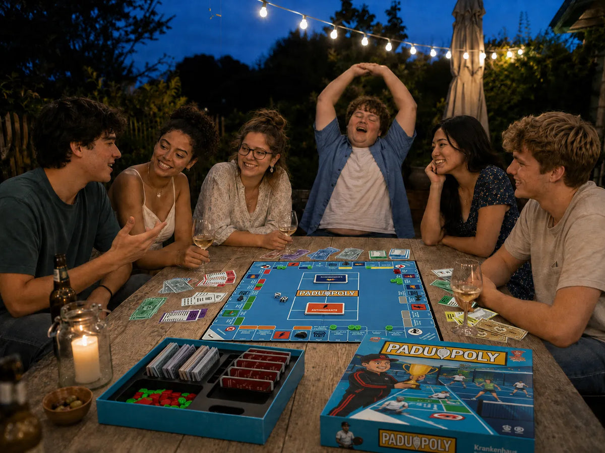 Sechs Freunde spielen Paduopoly abends an einem Gartentisch unter Lichterketten, ein Spieler jubelt