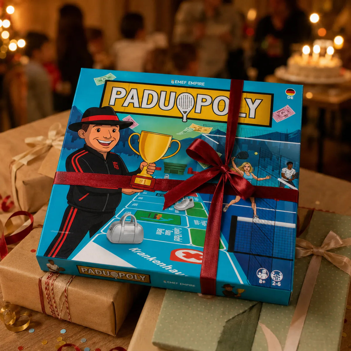 Paduopoly Brettspiel mit roter Geschenkschleife auf einem Stapel eingepackter Geschenke bei einer Feier