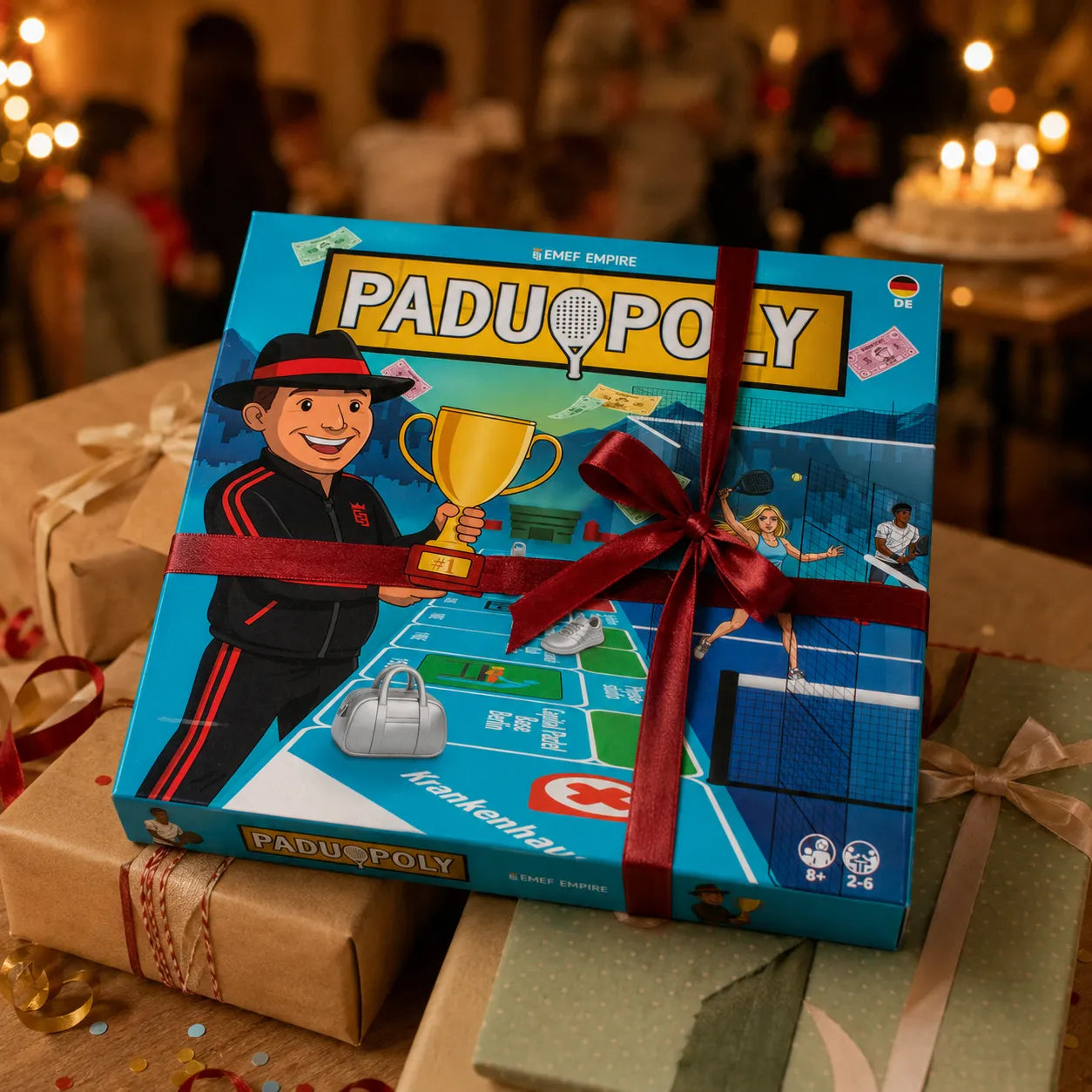 Paduopoly Brettspiel mit roter Geschenkschleife auf einem Stapel eingepackter Geschenke bei einer Feier
