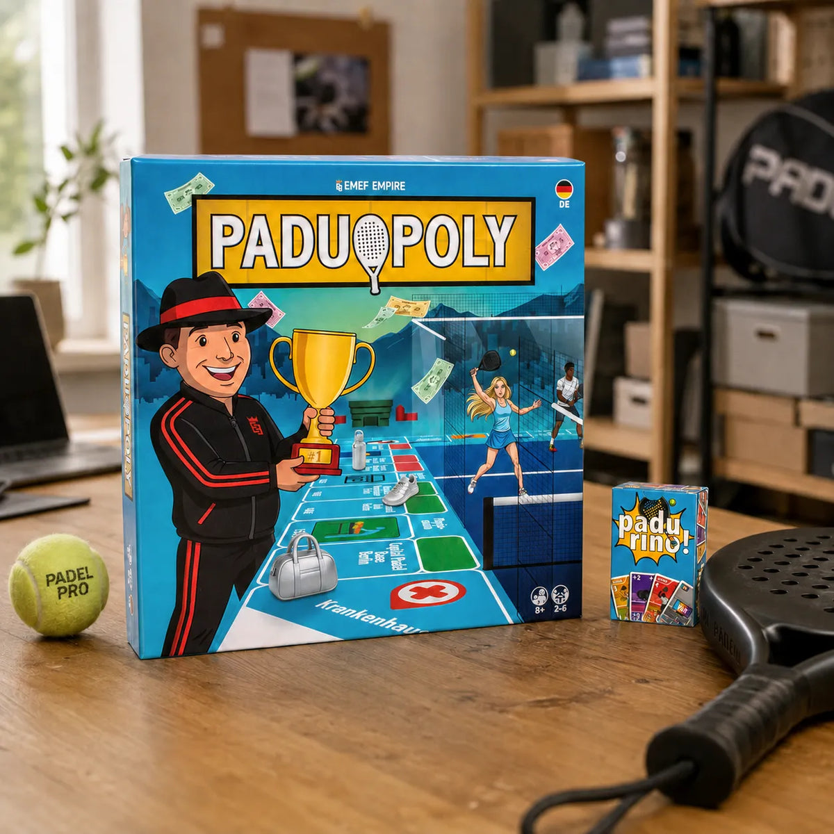 Paduopoly Brettspiel und Verpackung auf einem Holztisch neben Padelschläger, Padelball und dem Kartenspiel Padurino