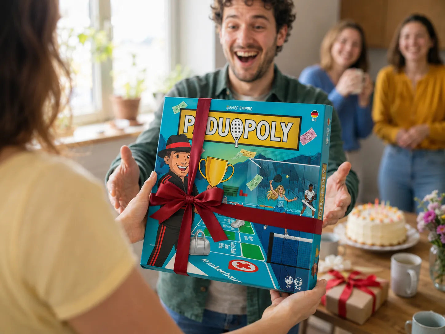 Paduopoly Brettspiel mit roter Schleife wird als Geburtstagsgeschenk überreicht, im Hintergrund Kuchen und Feiernde